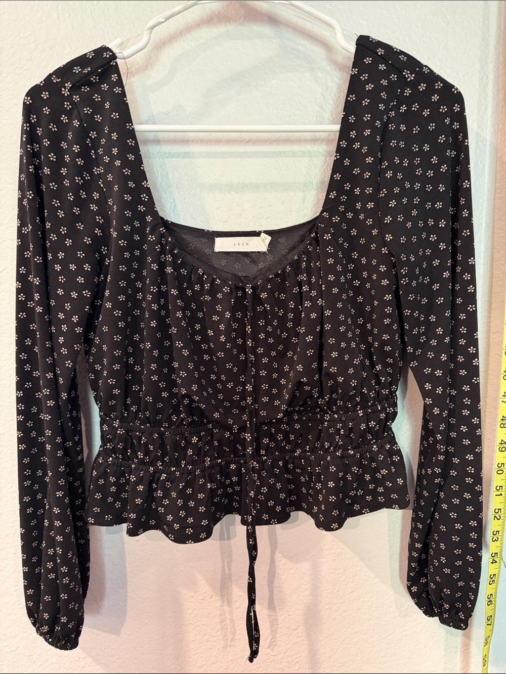 Lush Black Floral Tie-Front Smocked Waist Blouse